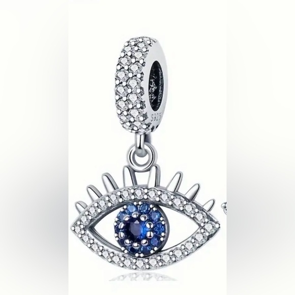 unbranded Jewelry - 925 Sterling Silver CZ Hamsa Evil All Seeing Eye Blue Pendant Chain 20 Inches
